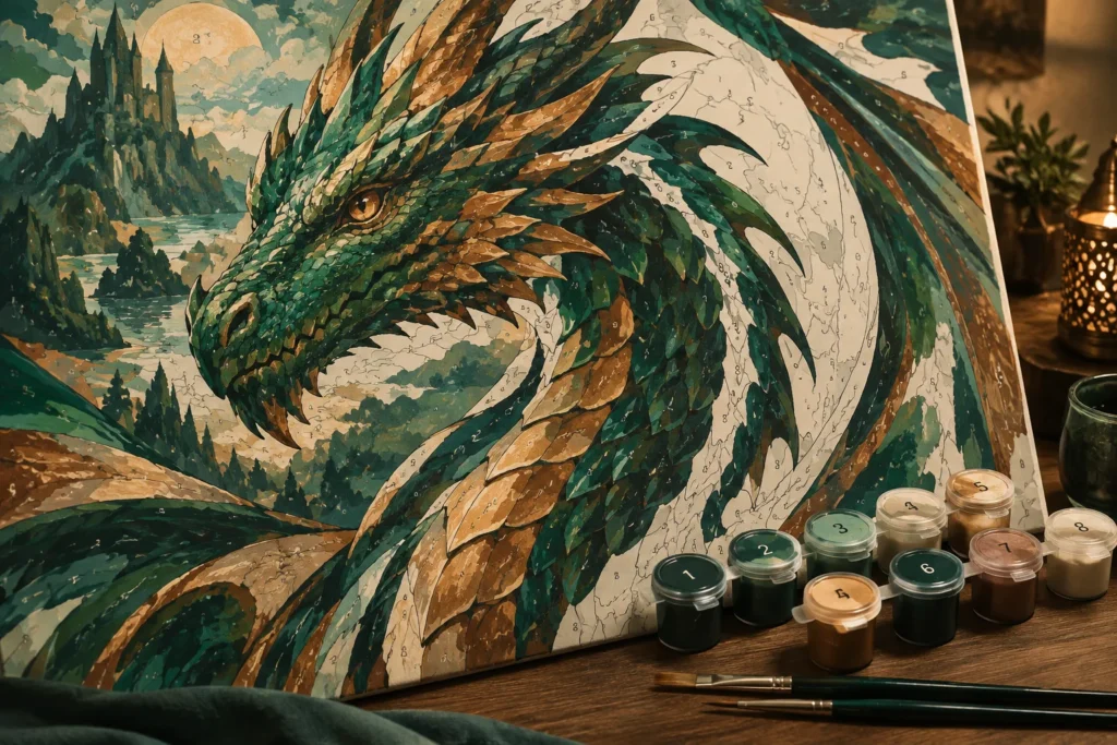 Tableau de dragon vert et doré en cours de peinture par numéros