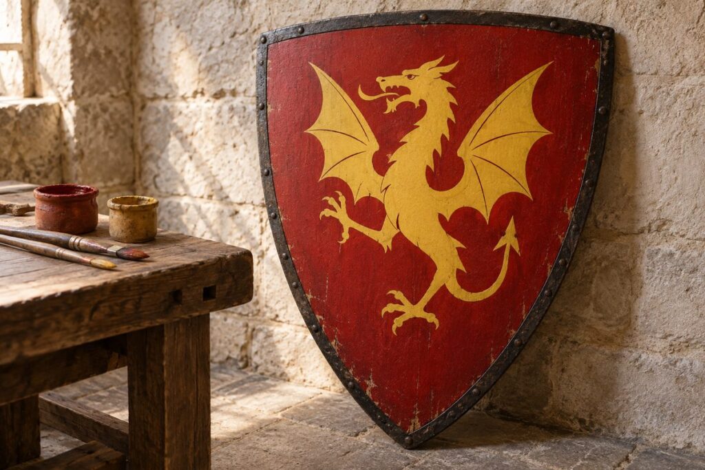 Écu de chevalier en bois peint de gueules au dragon ailé d'or rampant
