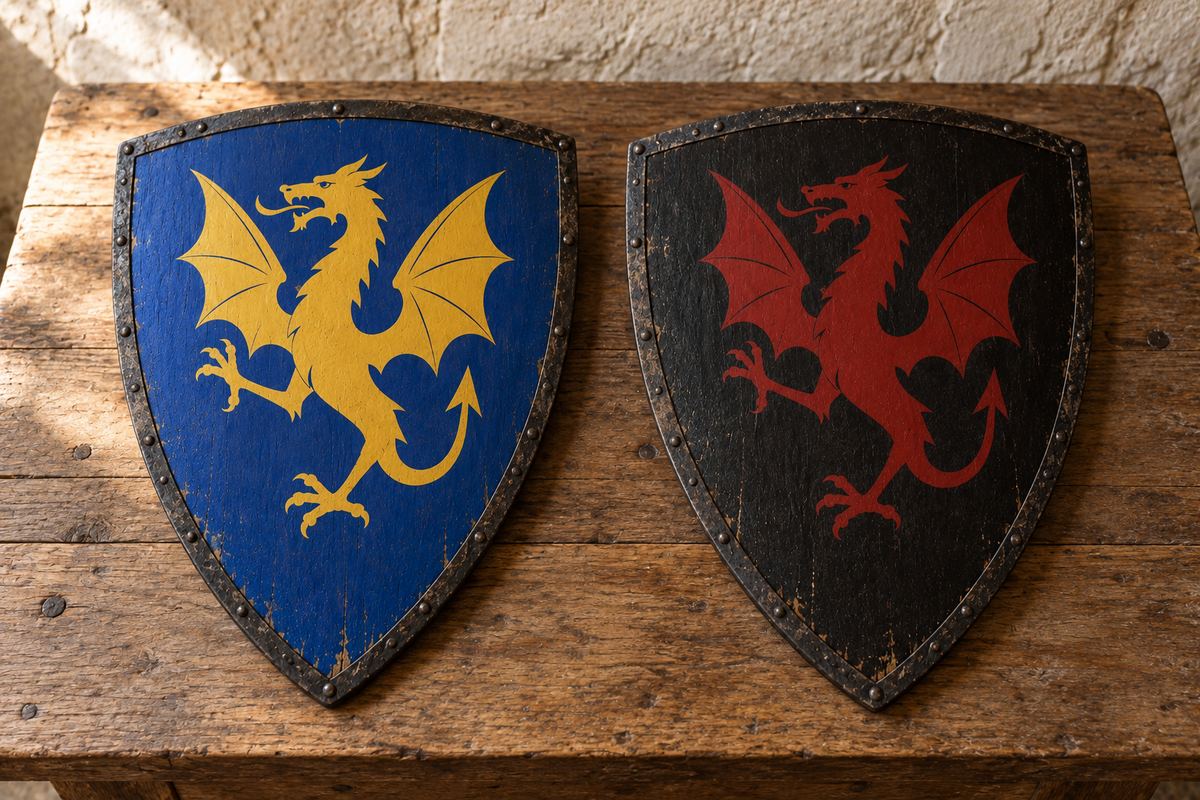 Deux écus au dragon comparés, or sur azur lisible et gueules sur sable illisible