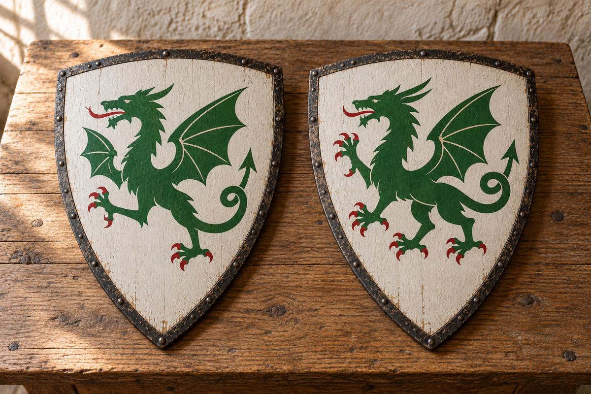 Deux écus d'argent, dragon de sinople à deux pattes et dragon à quatre pattes