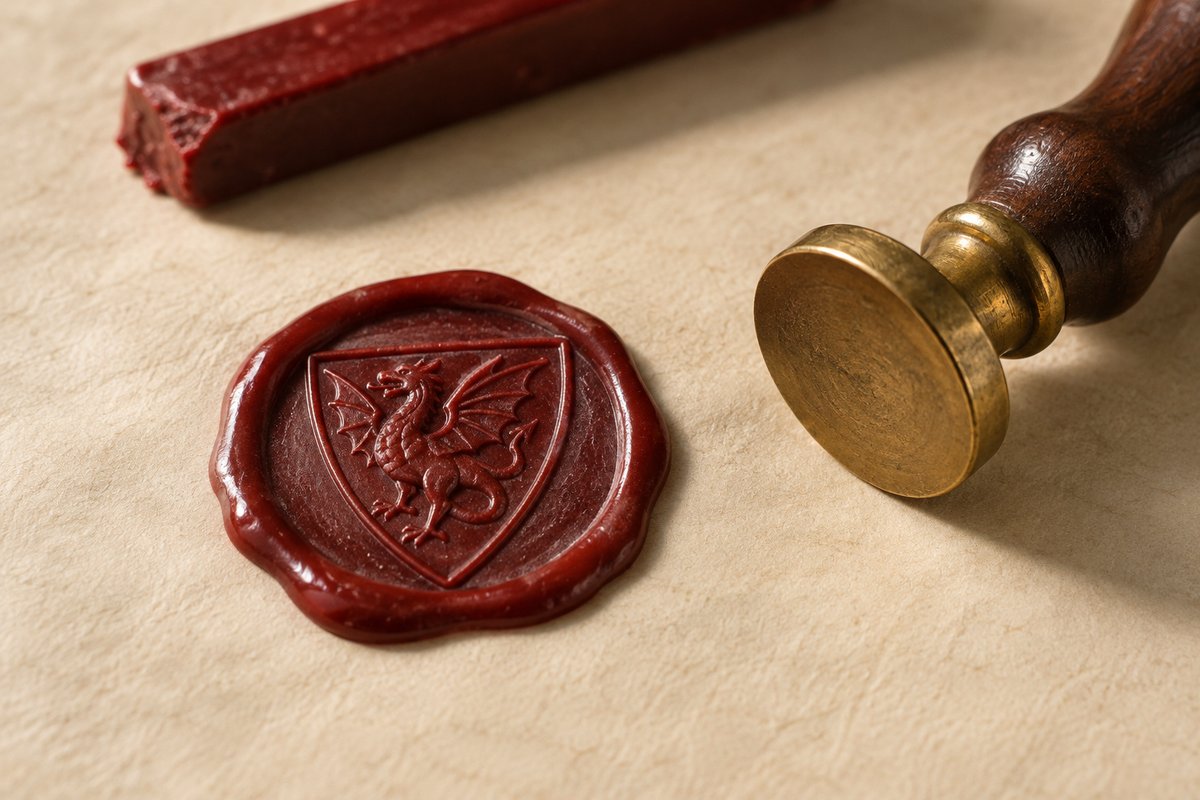 Sceau de cire rouge à l'empreinte d'écu au dragon ailé sur parchemin
