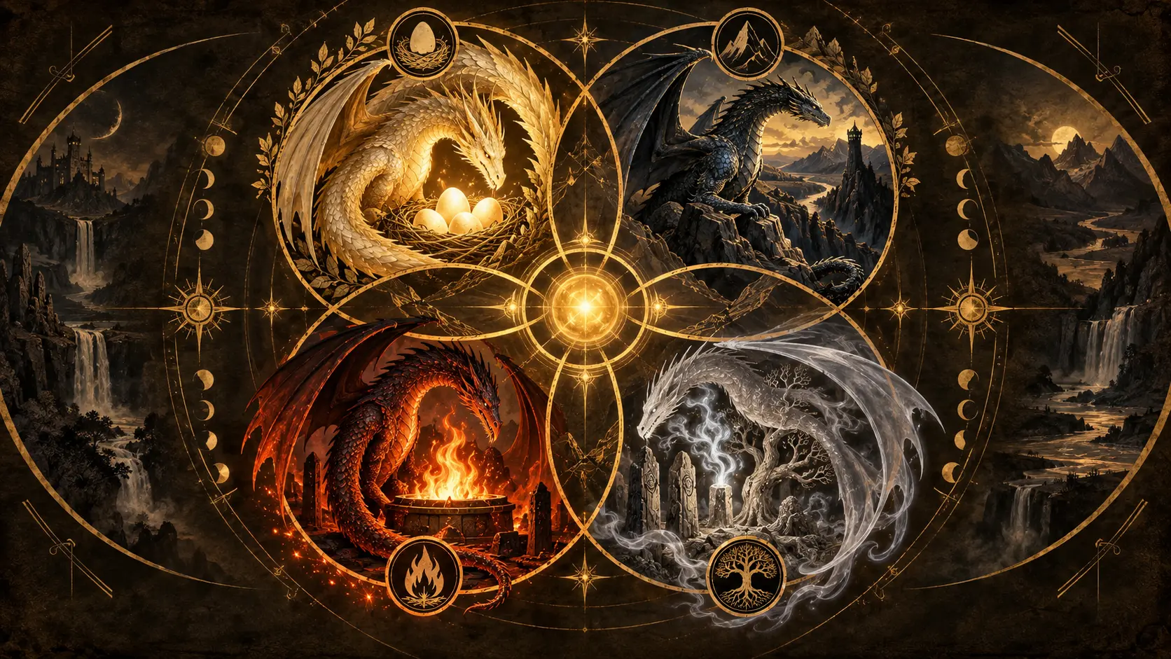 Schéma circulaire d’un clan de dragons organisé autour du nid, du territoire, du feu et de la mémoire