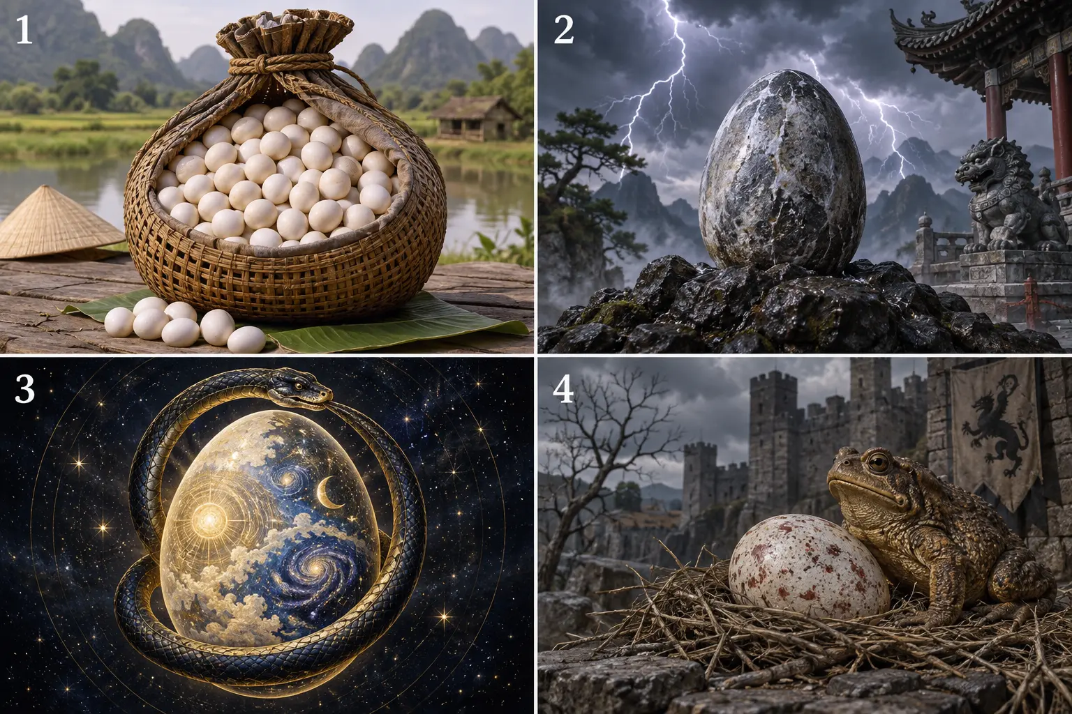 Carte illustrée comparant le sac des cent œufs vietnamien, la pierre-œuf chinoise, l'œuf cosmique orphique et l'œuf du basilic médiéval