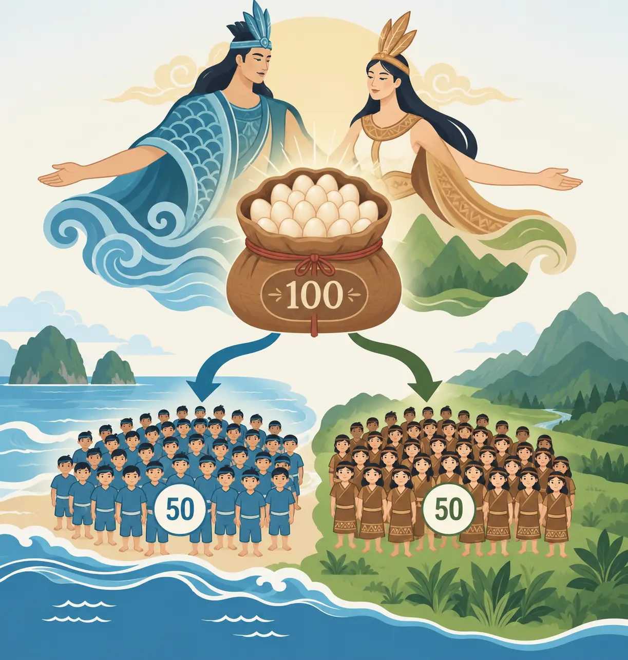 Schéma de la légende vietnamienne avec Lạc Long Quân et Âu Cơ, cent œufs, cinquante fils vers la mer et cinquante vers la montagne