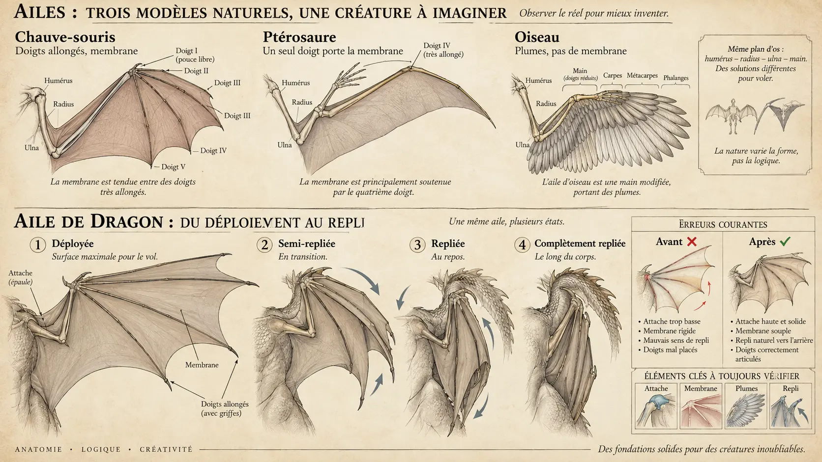 Comparaison anatomique, étapes de repli et corrections d’une aile de dragon