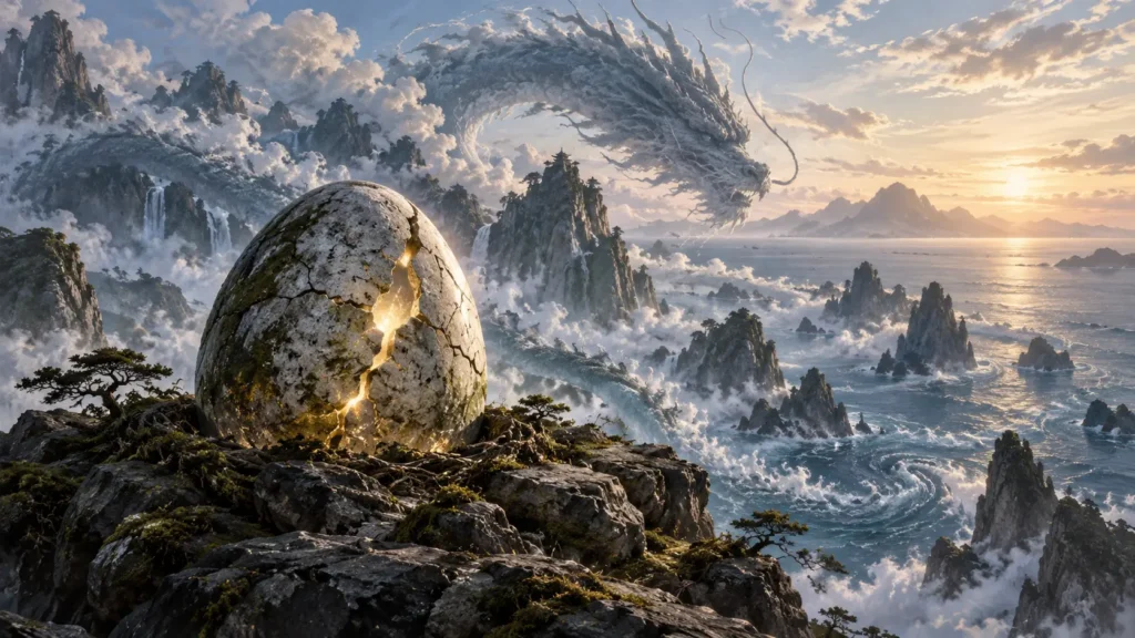 Œuf minéral fissuré devant une silhouette de dragon formée par les nuages et l'eau