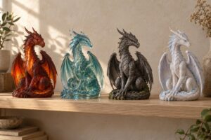 Quatre figurines de dragons de feu, d'eau, de terre et d'air sur une étagère