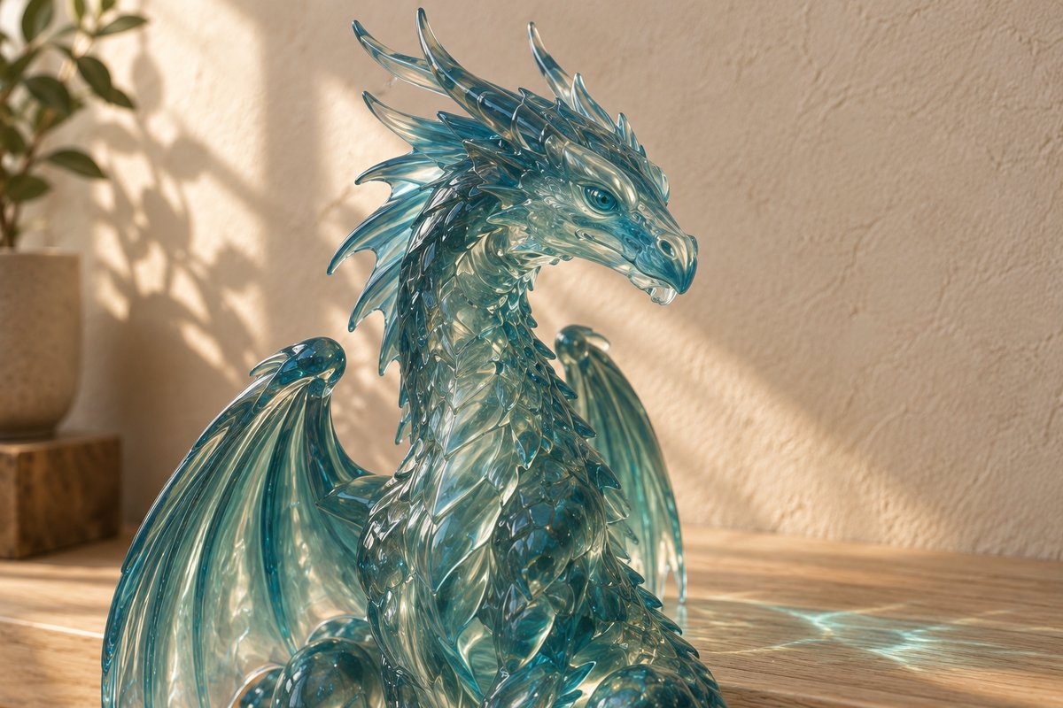 Figurine de dragon d'eau en verre bleu-vert translucide sur étagère en chêne