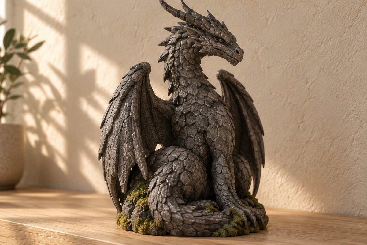 Figurine de dragon de terre en pierre basaltique aux écailles hexagonales