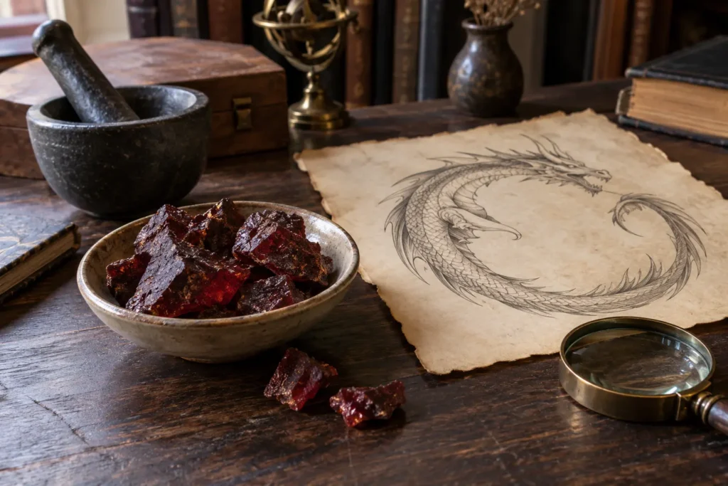 Fragments de résine rouge sombre près d'un mortier et d'un dessin fictif de dragon alchimique.