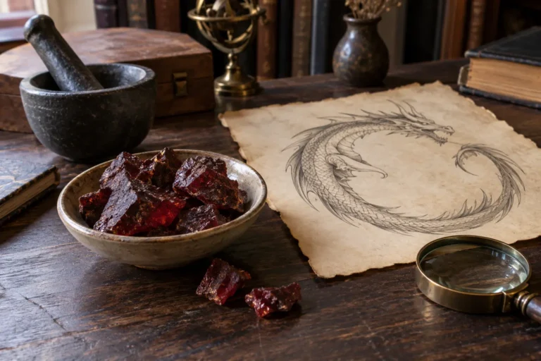 Fragments de résine rouge sombre près d'un mortier et d'un dessin fictif de dragon alchimique.